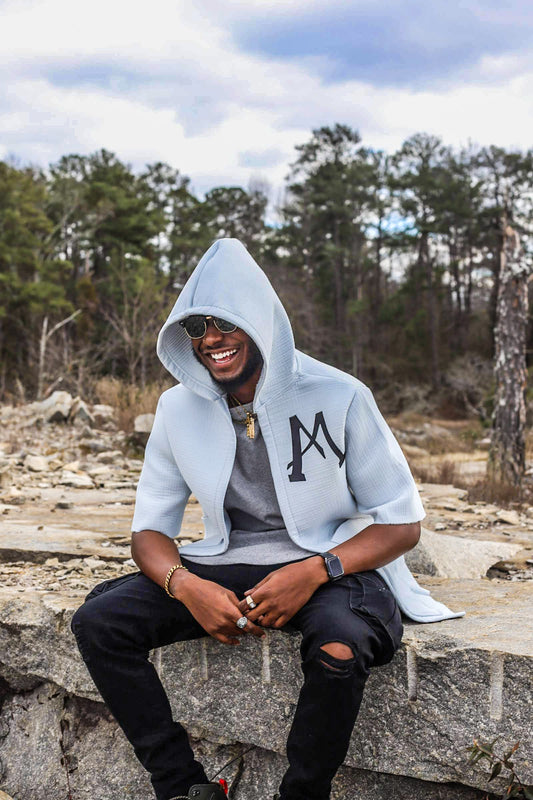 AMen Blue Grey Textured Hoodie w/ Two Way Pockets