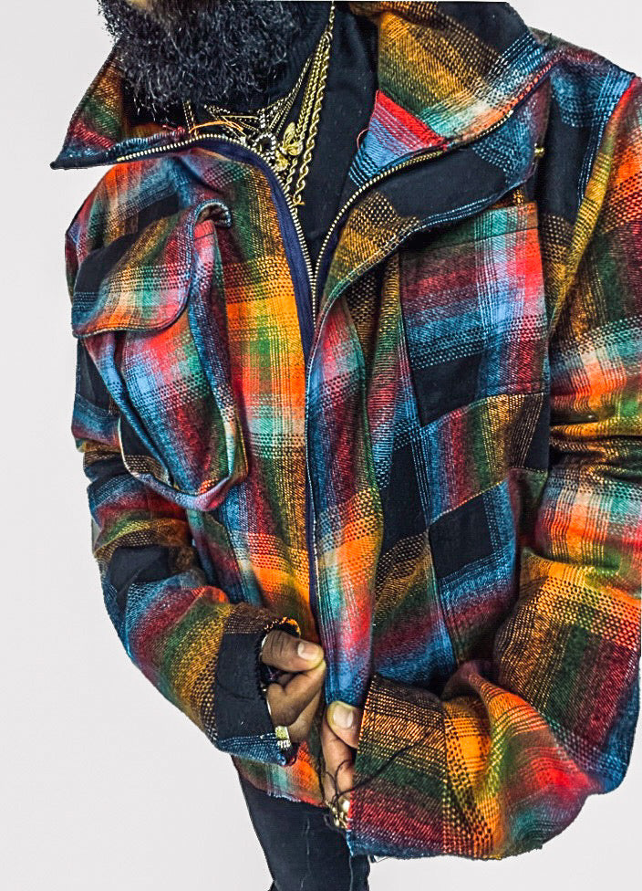 Distressed Plaid Cargo Box Jacket